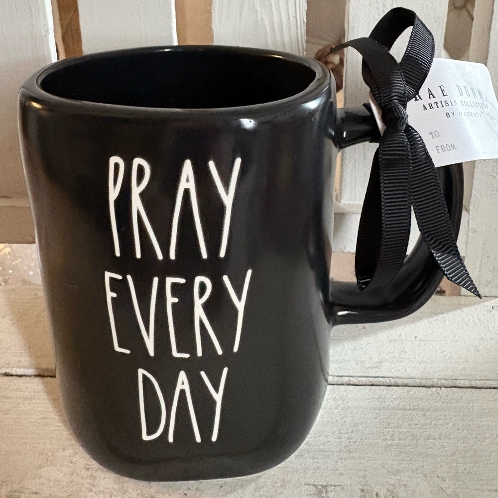 Rae Dunn Black 'Pray Every Day' Mug with Ribbon